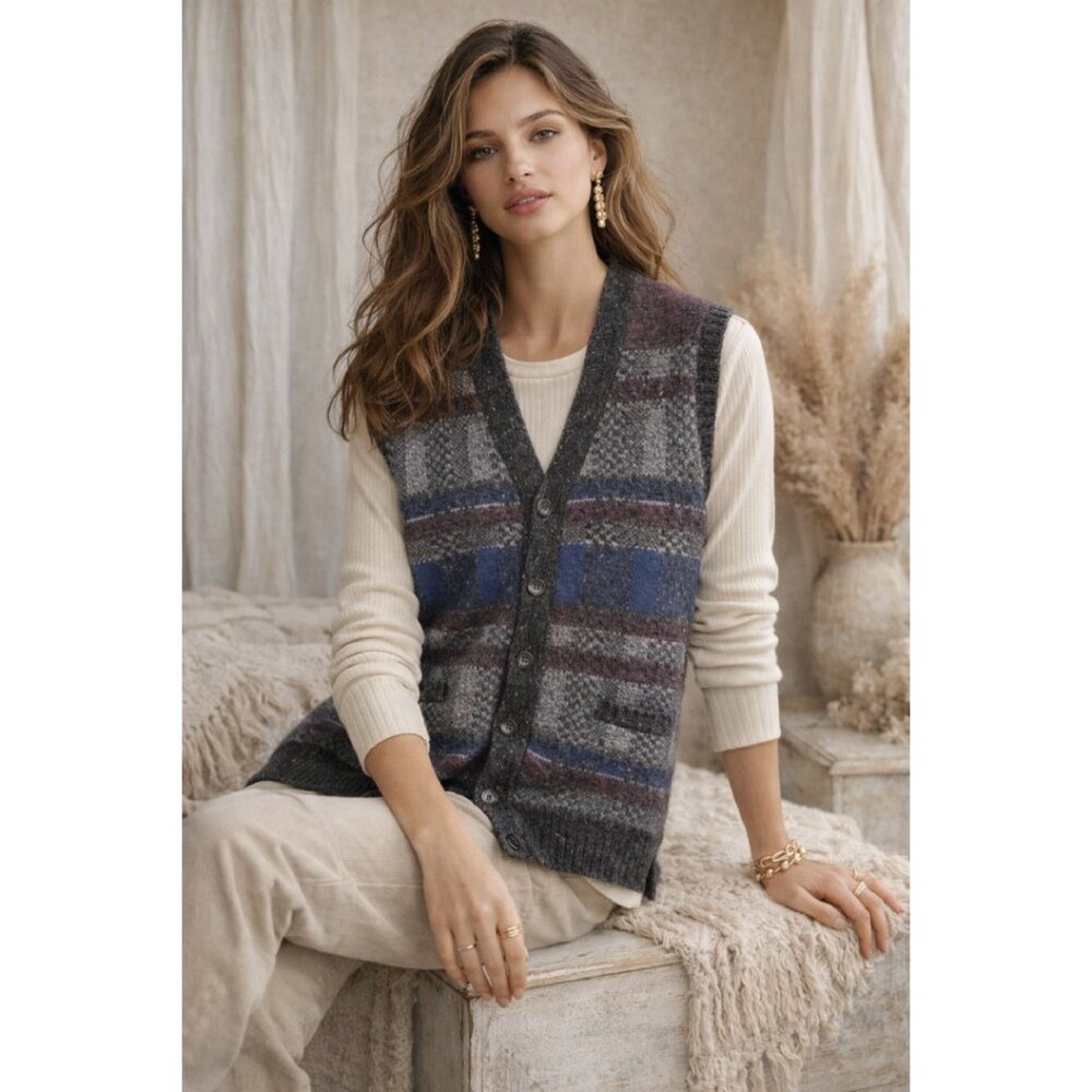 Vintage The Fox Collection Knit Vest Retro Plaid Pattern Cozy‎ Aesthetic Sweater